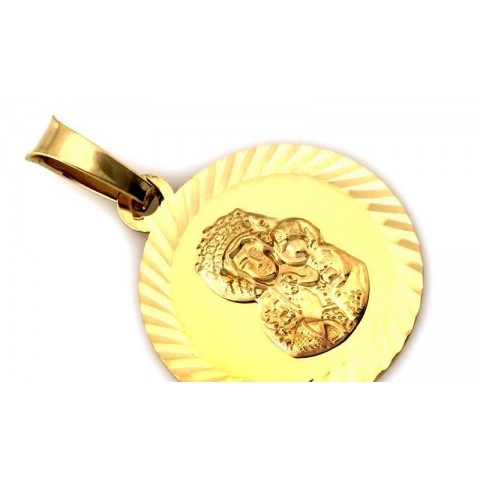 Złota zawieszka medalik okrągły frezowany z Matką Bożą